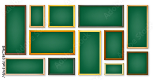 Realistic various chalkboards in a wooden frame. Green restaurant menu board. School blackboard, writing surface for text or drawing. Blank advertising or presentation boards. Vector illustration