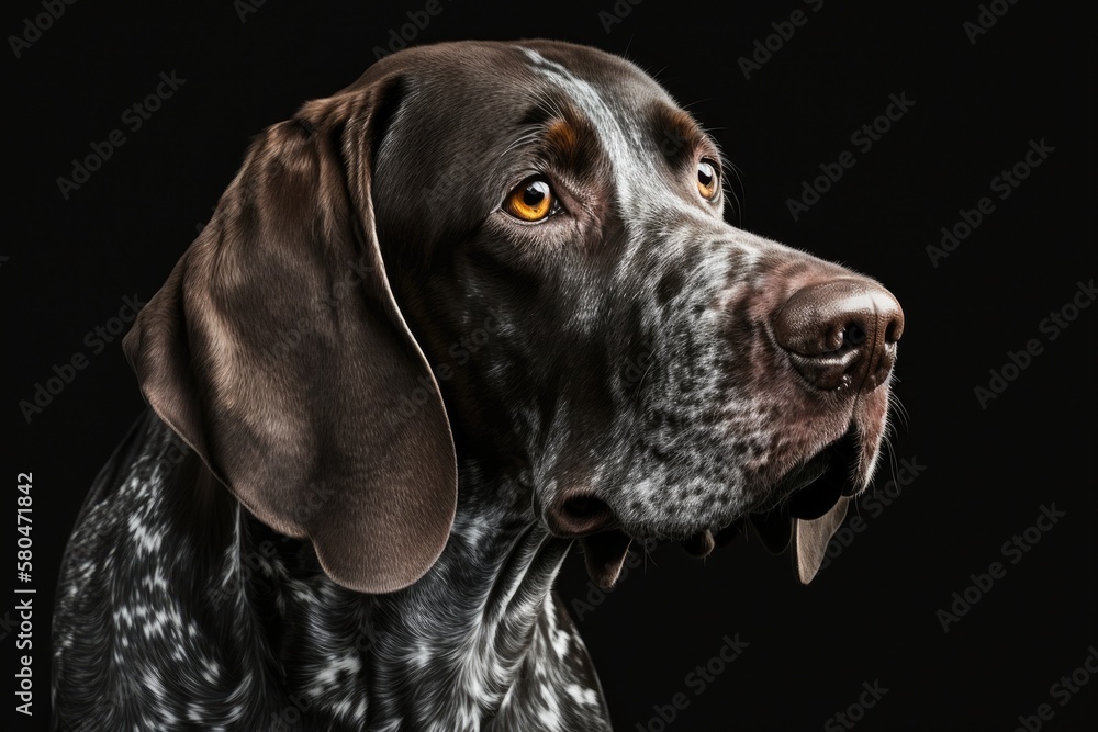 A picture of a German Shorthaired Pointer on a black background. Generative AI