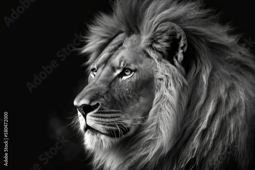 a picture of a lion in black and white on black. Generative AI