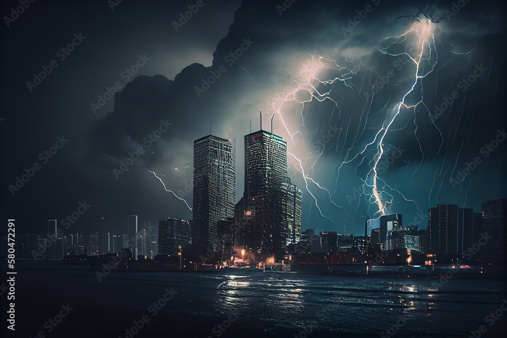 Lightning strikes the city at night.generative ai
