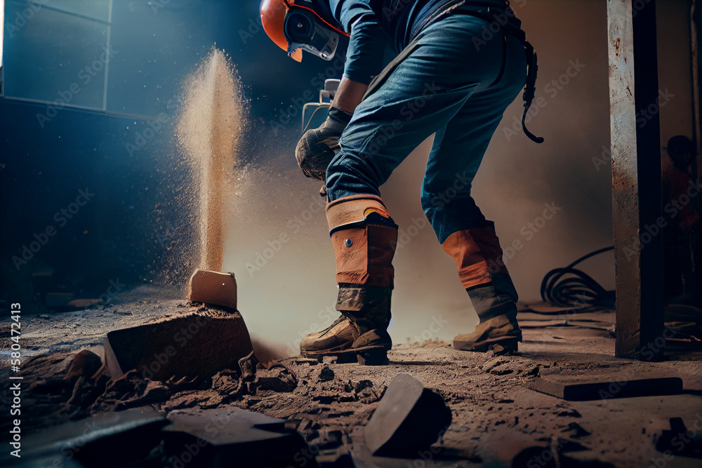 Fototapeta premium Worker using a grinder to cut a concrete wall at a construction site.generative ai