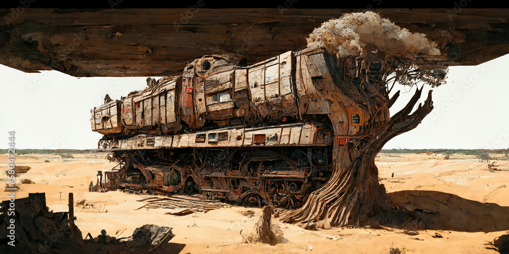 Echoes of a Bygone Era, Intriguing Illustration of an Old Abandoned Car, Wagon, Train, Weathered 