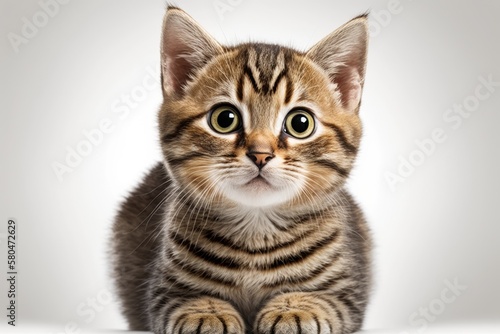 A picture of a small cat looking at the camera. Against a white background. Generative AI
