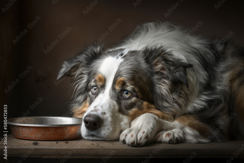 A sad Australian Shepherd dog is lying next to a bowl that is empty. Generative AI