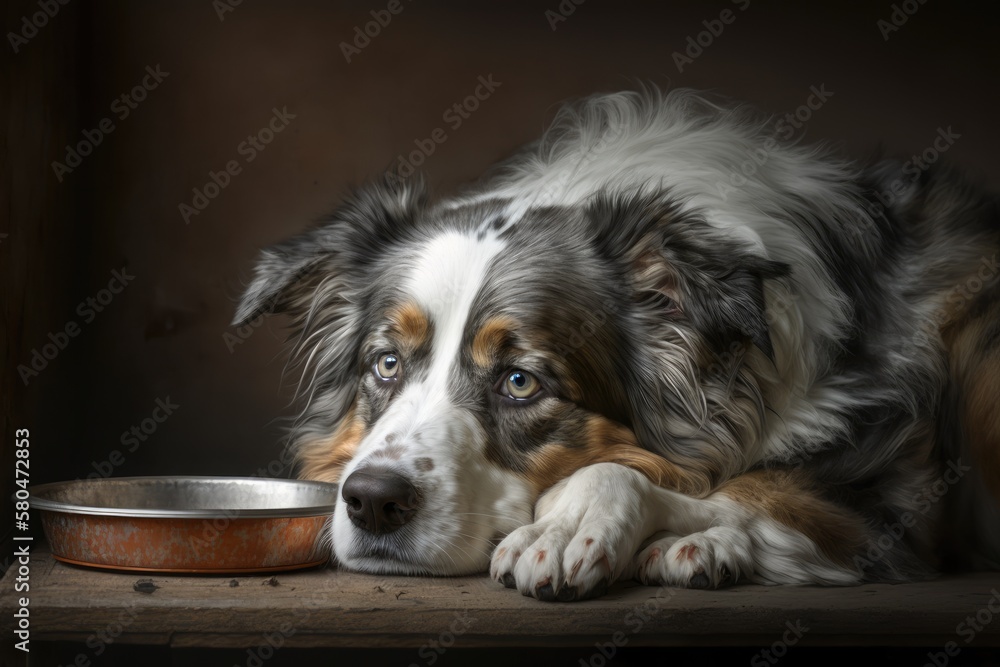 A sad Australian Shepherd dog is lying next to a bowl that is empty. Generative AI A sad Australian Shepherd dog is lying next to a bowl that is empty. Generative AI