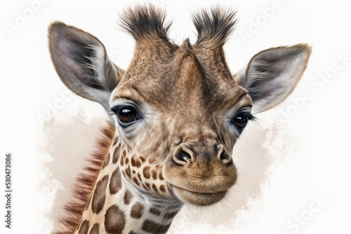A portrait of a baby giraffe done in watercolor on a white background. Generative AI