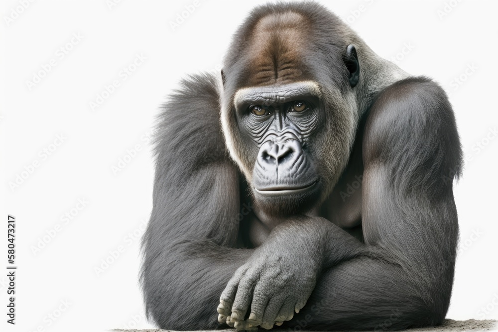 Fototapeta premium A young Silverback gorilla in front of a white background. Generative AI