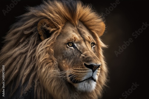 A magnificent lion The king of beasts has a big  full head of hair and looks strong and royal. close up. Generative AI