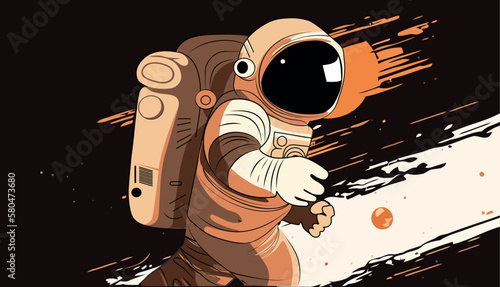 Astronaut explores space being desert planet. Astronaut space suit performing extra cosmic activity space against stars and planets background. Human space flight. Modern vector illustration