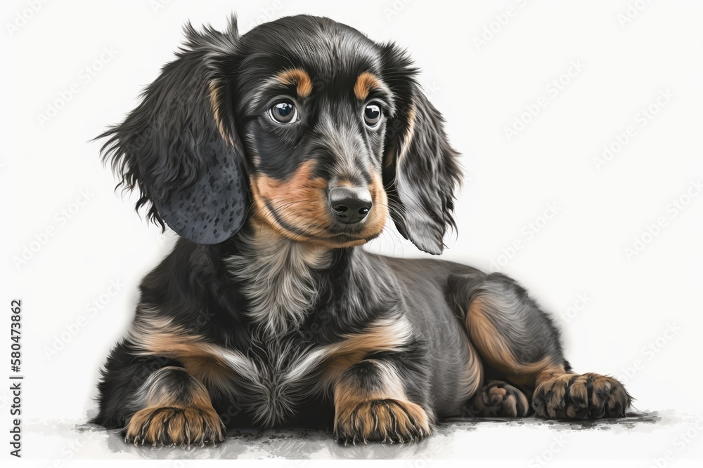 A manipulated picture of a black and tan very long Dachshund puppy on a white background. Generative AI
