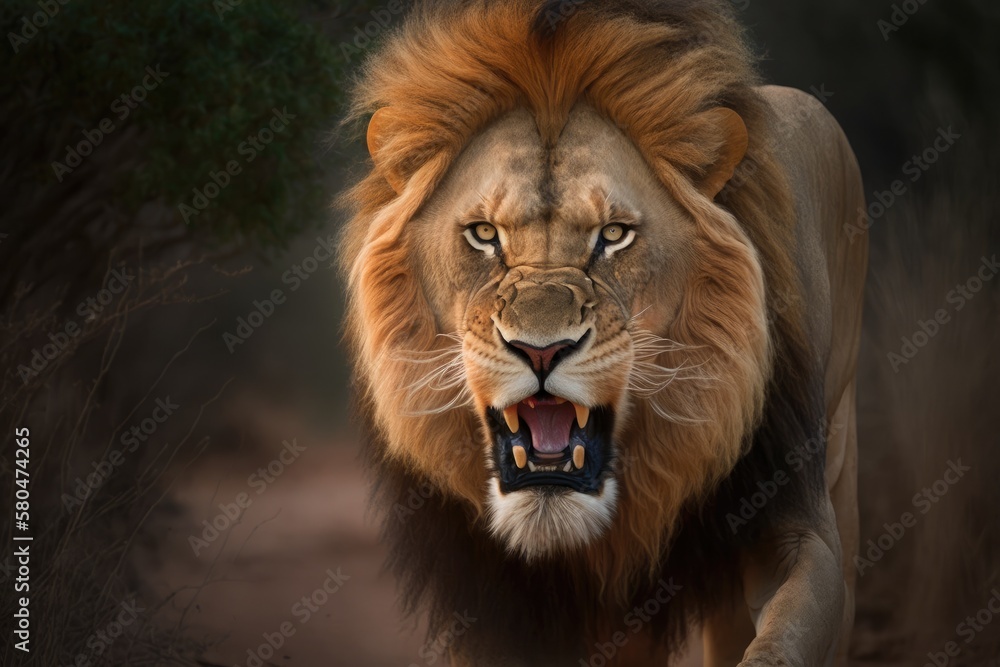 A lion in Kruger National Park in South Africa shows off his sharp teeth. Generative AI