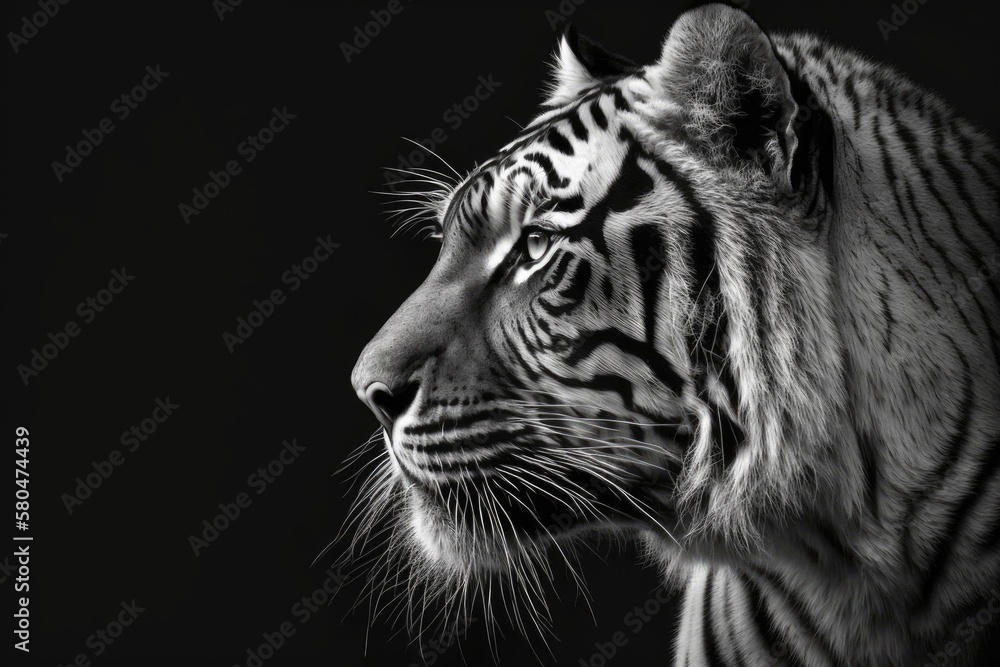 A picture of a black and white tiger on a black background. Generative AI A picture of a black and white tiger on a black background. Generative AI