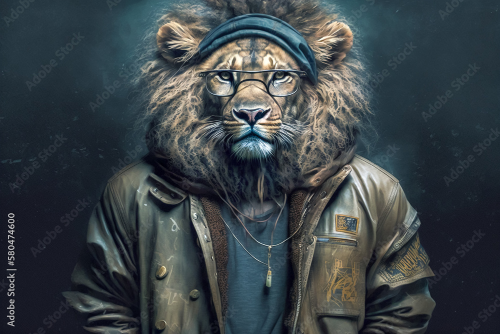 Portrait of lion with eyeglass wearing in streetwear. Animal wears Hip hop street fashion concept. Made with Generative AI Portrait of lion with eyeglass wearing in streetwear. Animal wears Hip hop street fashion concept. Made with Generative AI