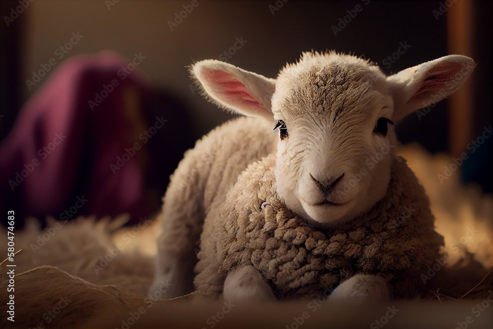 Cute little lamb lying on the floor in the room.generative ai