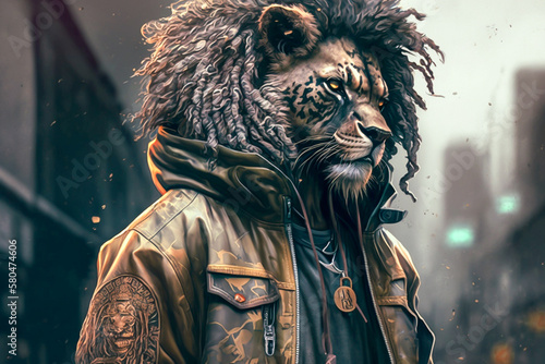 Portrait of lion wearing in streetwear. Animal wears Hip hop street fashion, dangerous street gangsta animal concept. Made with Generative AI photo