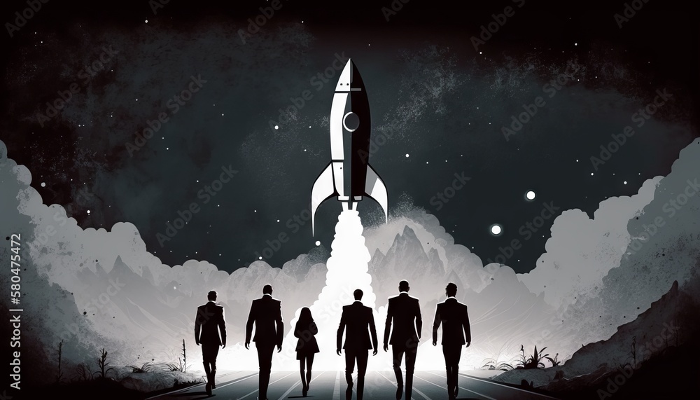 Naklejka premium Business concept illustration of group of businessman walking towards a rocket, start up business concept. Generative ai