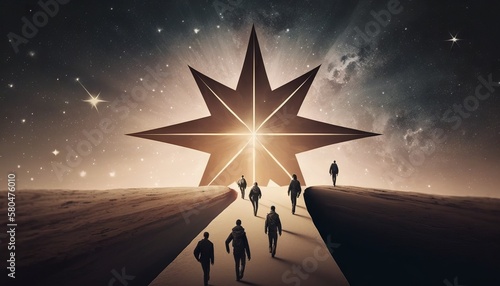 Man points to the star and leads his friends to follow him on his way forward, success journey, leadership. Generative ai