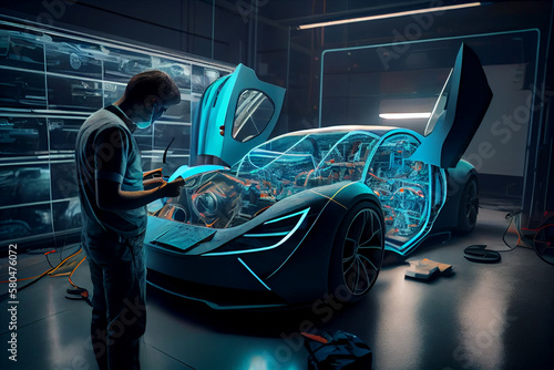 young man working on a virtual projection of a car.generative ai