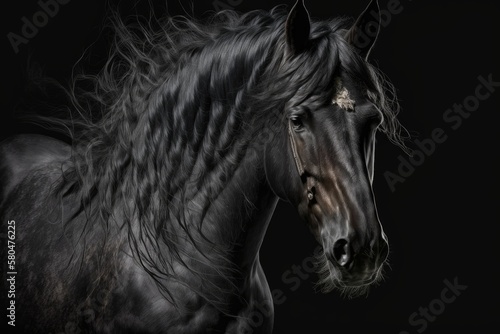 A picture of a black horse on a black background, of the Friesian breed. Generative AI © AkuAku