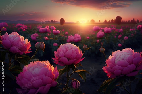 Fototapeta Naklejka Na Ścianę i Meble -  Peony Flowers In A Field At Sunset Generative AI