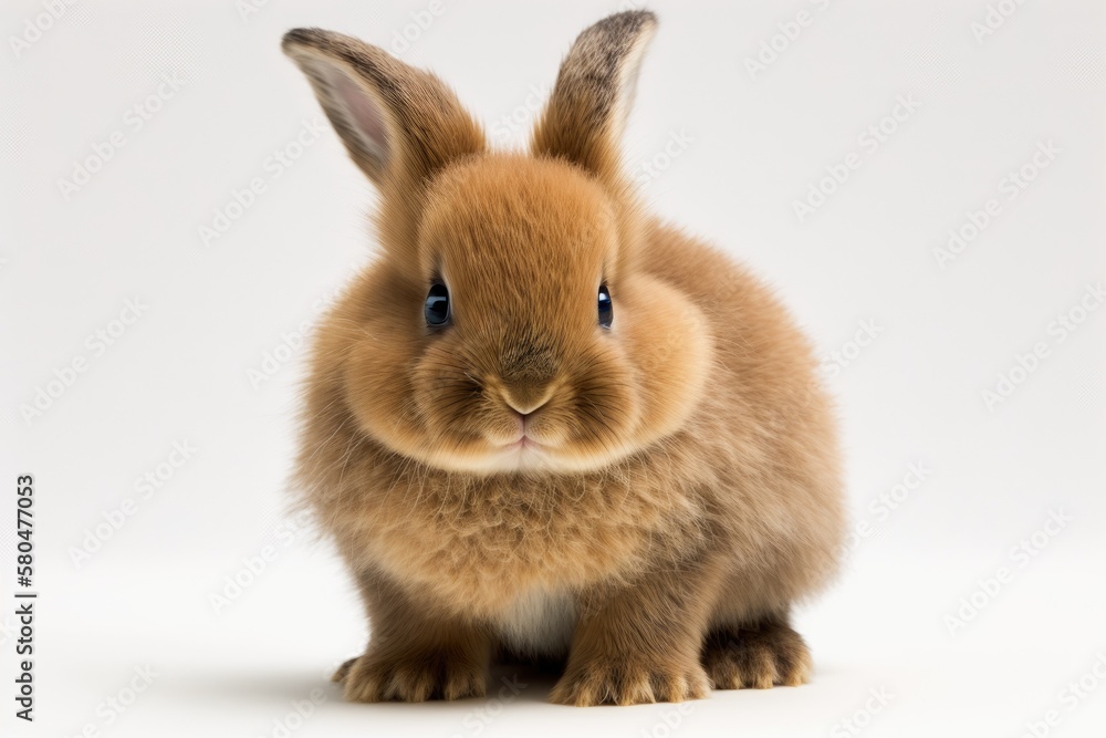 Fototapeta premium A cute and healthy brown baby Easter bunny standing on two legs against a white background. White background with a cute, fluffy rabbit Beautiful animal with big, bright eyes that lives in the wild. A