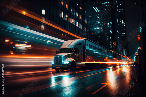truck on the road at night with motion blur and light effects.generative ai
