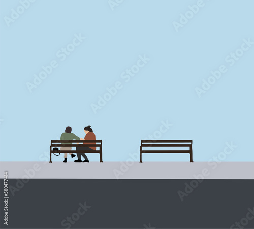 Man and woman sitting on benches in a park and talking. Outdoor lifestyle enjoying couple dating.