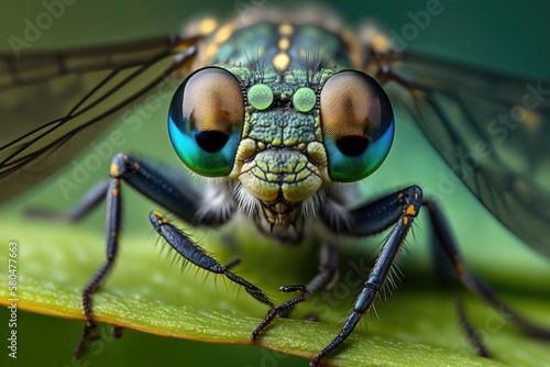 A dragonfly on a leaf makes a cool and funny macro picture. A close up of a dragonfly with big eyes and a natural background. Generative AI © AkuAku