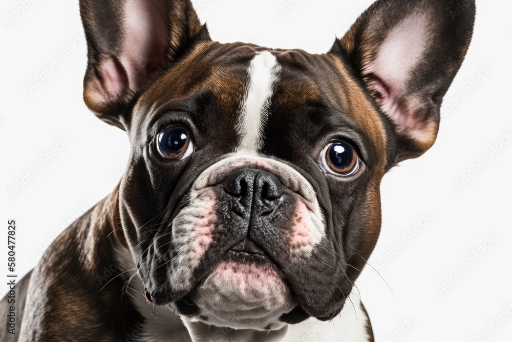 A French Bulldog looks at the camera in a close up on a white background. Generative AI