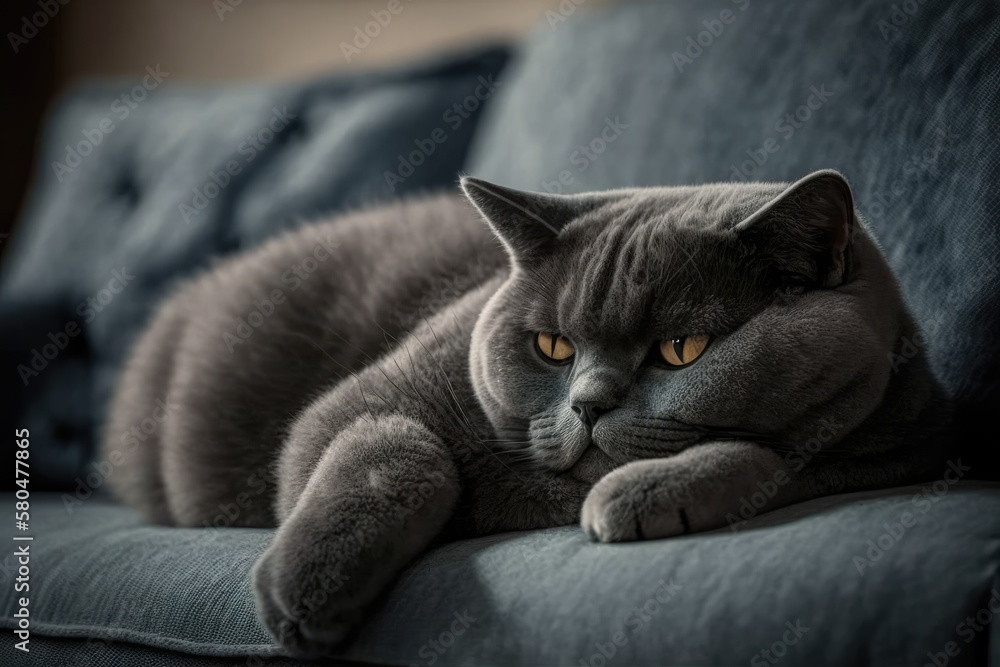 A gray British cat sleeps on the couch with its paws stretched out. Generative AI