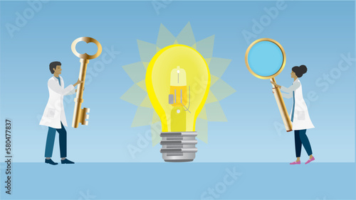 Woman and man, scientist, doctors, researcher with magnify and golden key and light bulb in middle. Vector illustration. Dimension 16:9.