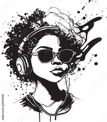 Splash drawn vector of a modern afro girl wearing headphones and sunglasses