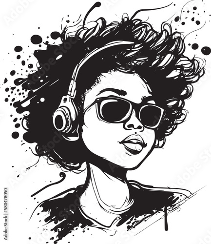 Splash drawn vector of a modern afro girl wearing headphones and sunglasses