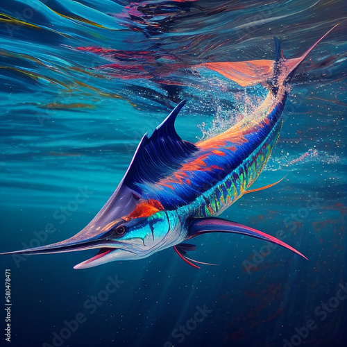 Colorful marlin fish under the sea created with Generative AI 