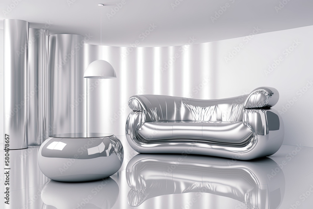 Fancy shiny reflective chrome silver chair throne in empty silver chrome room,  - obrazy, fototapety, plakaty 