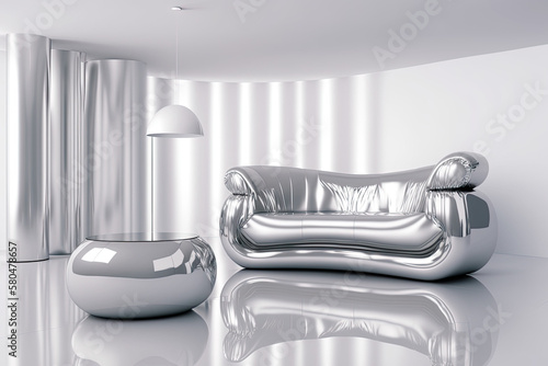 Fancy shiny reflective chrome silver chair throne in empty silver chrome room,  photo