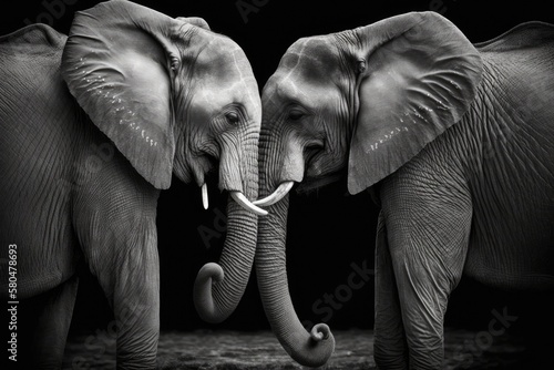 A black and white picture of a couple of elephants. Generative AI