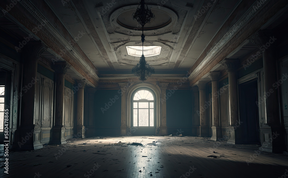 an empty abandoned rococo baroque ballroom,  