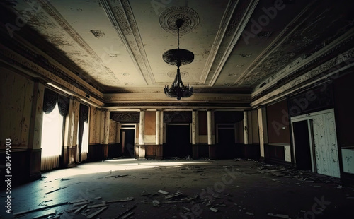 an empty abandoned rococo baroque ballroom 