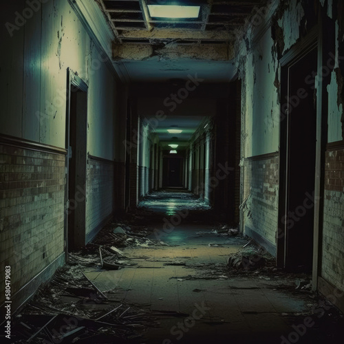 Empty abandoned hallway tunnel passage with debris, 