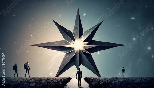 Man points to the star and leads his friends to follow him on his way forward  success journey  leadership. Generative ai