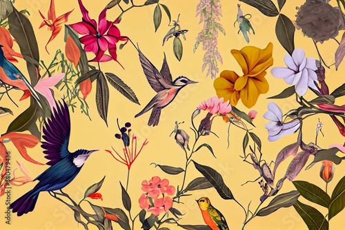 Spring wallpaper pattern flowers, birds in nature, Generative AI © Bigthinkster Lab