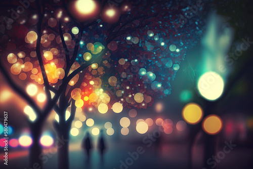 Blur background of outdoor park with trees and bokeh lights, 