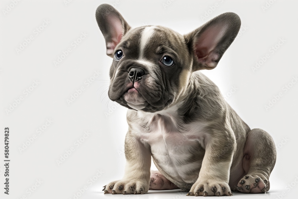 A French Bulldog puppy sits in front of you and looks around. Against a white background. Generative AI A French Bulldog puppy sits in front of you and looks around. Against a white background. Generative AI