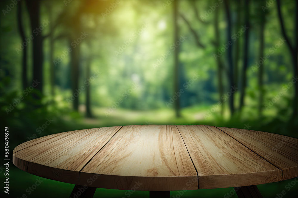 Empty wood table platform with forest background, Empty wood table platform with forest background,