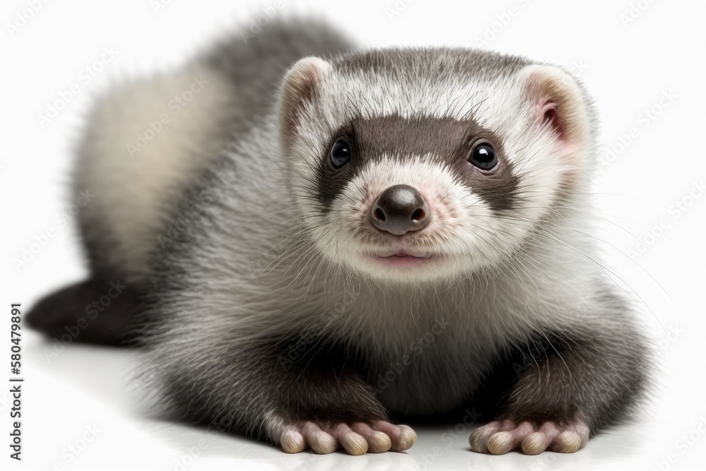 A full grown grey ferret lies alone on a white background. Generative AI A full grown grey ferret lies alone on a white background. Generative AI