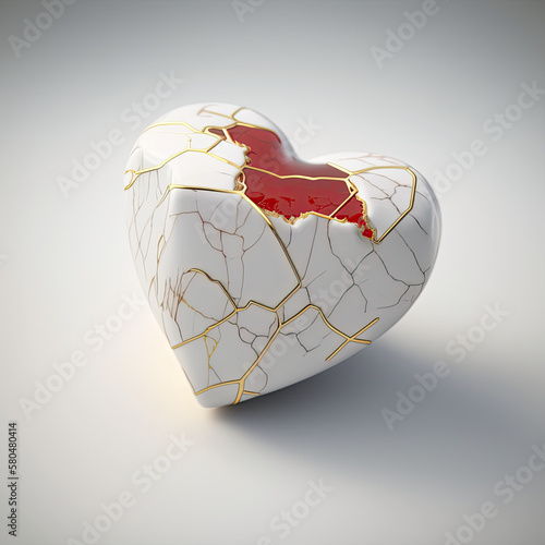 White and red marble heart sculpture with gold vein cracks, 