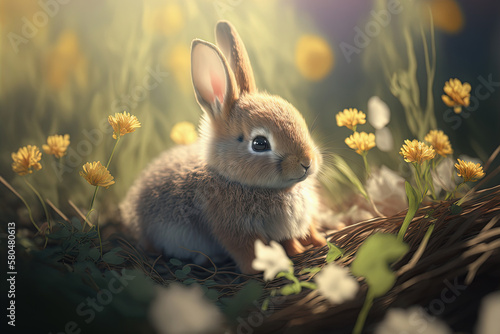 Cute little Easter bunny in grass and flowers. AI