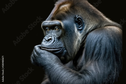 A funny picture of a gorilla thinking, with space for your own words. Generative AI © AkuAku