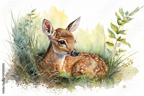 A cute deer is lying in the grass. Painting with watercolor. Generative AI